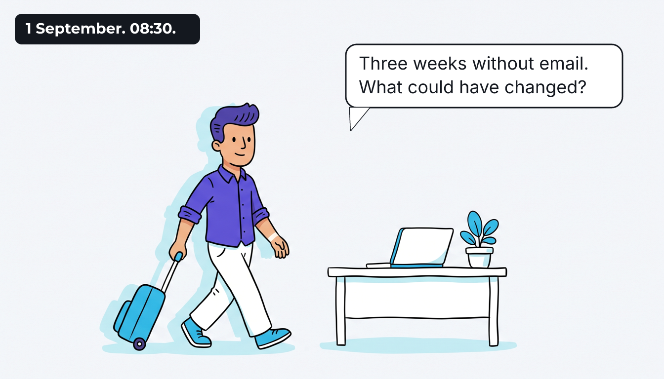 Tomas walks into the office pulling a suitcase, a desk with a laptop nearby. The caption reads "1 September. 08:30." A bubble: "Three weeks without email. What could have changed?"
