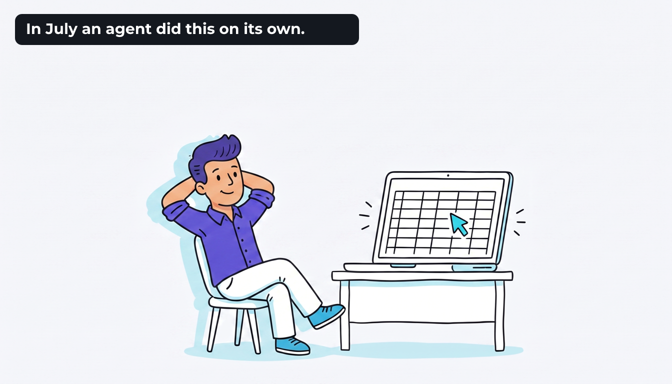Tomas leans back in his chair with both hands behind his head and watches a cursor move across an empty spreadsheet on the screen all by itself. The caption reads "In July an agent did this on its own."