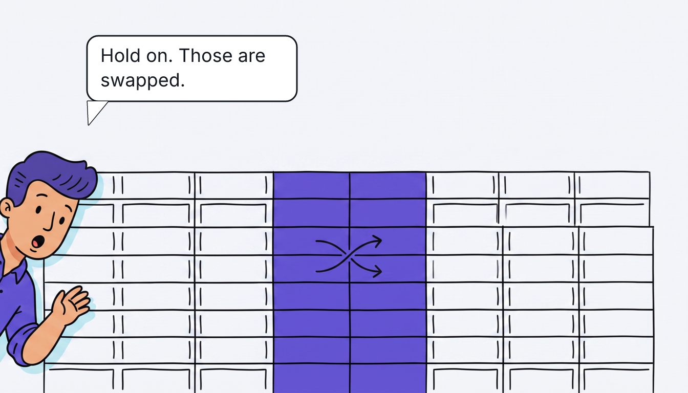 Close-up of a spreadsheet: two violet columns with arrows crossing between them, and Tomas's startled face leaning in from the left edge. A bubble: "Hold on. Those are swapped."