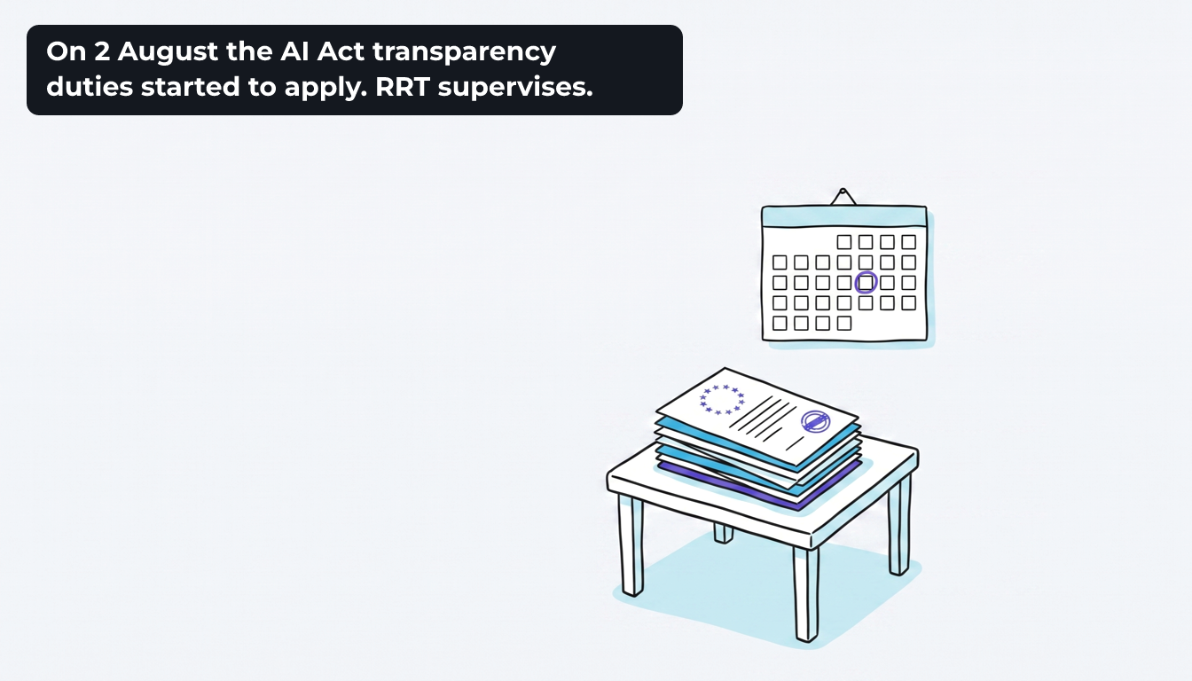 A stack of official documents with a ring of stars in the corner sits on a side table, a wall calendar with one circled square hanging above it. The caption reads "On 2 August the AI Act transparency duties started to apply. RRT supervises."