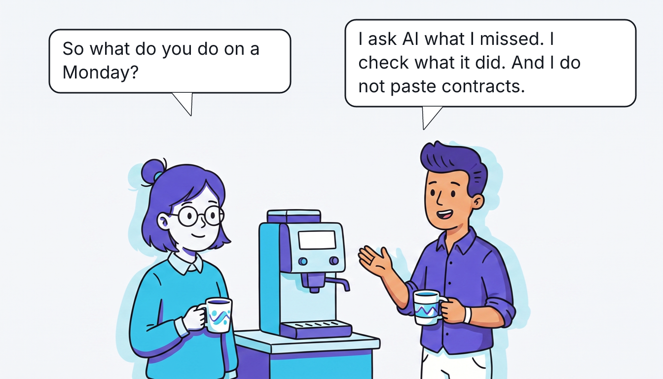 Rūta and Tomas stand at the coffee machine with mugs. Rūta: "So what do you do on a Monday?" Tomas: "I ask AI what I missed. I check what it did. And I do not paste contracts."