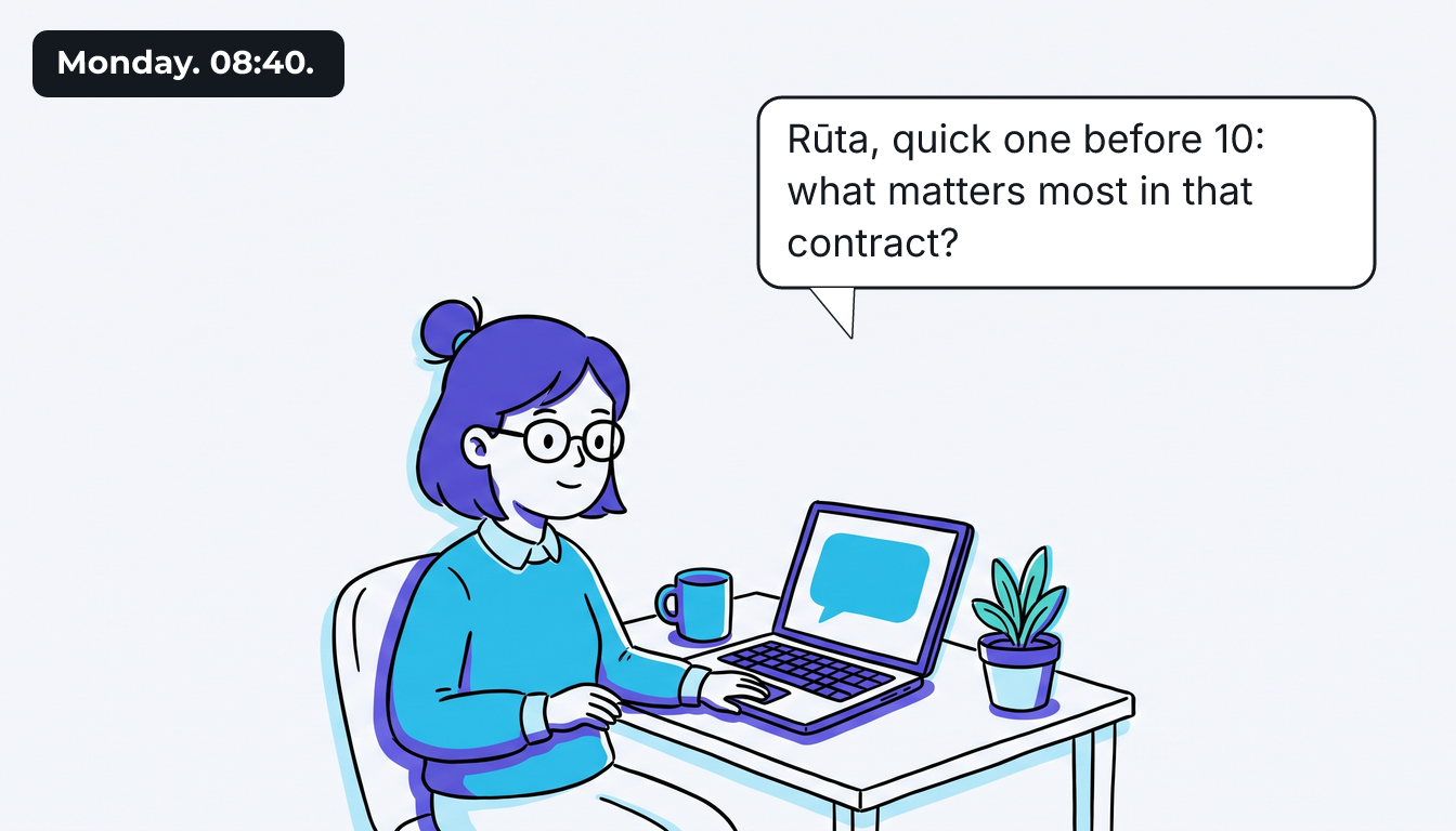 Rūta sits at her desk on Monday morning, a message glowing on the laptop screen. The caption reads "Monday. 08:40." A bubble from the screen: "Rūta, quick one before 10: what matters most in that contract?"