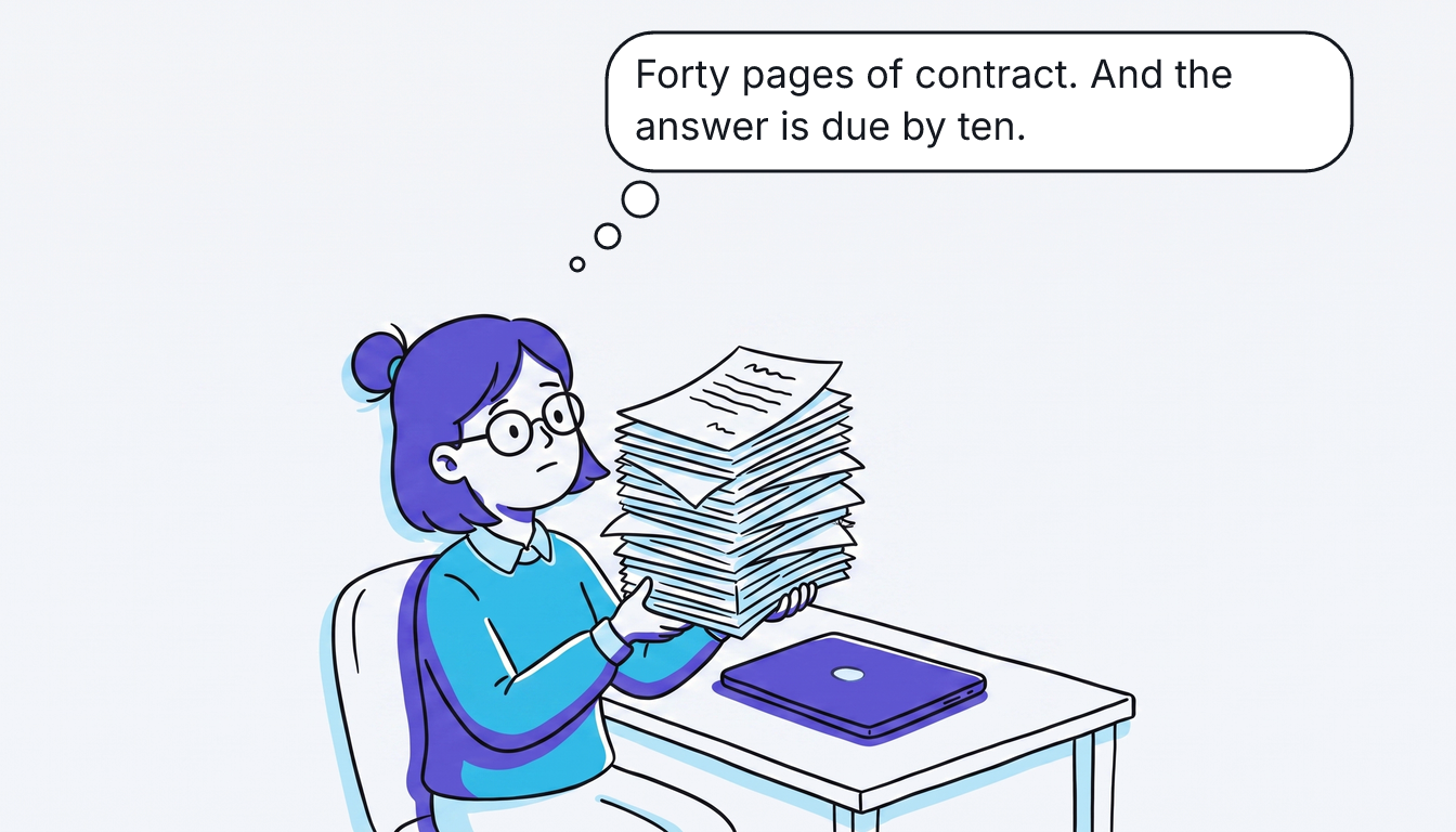 Rūta holds up a thick stack of contract pages with both hands and raises her eyebrows. Thought bubble: "Forty pages of contract. And the answer is due by ten."