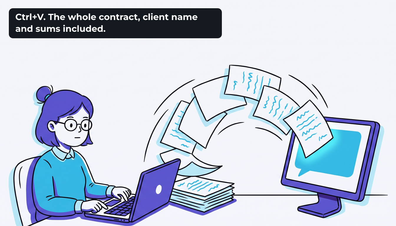 Rūta presses a key and the contract pages fly off the desk in an arc, straight into the glowing chat window on the monitor. The caption reads "Ctrl+V. The whole contract, client name and sums included."