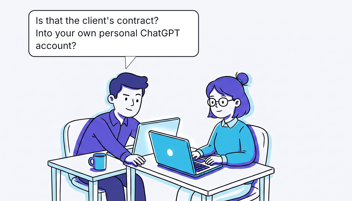 A colleague at the next desk leans over toward Rūta's screen and asks: "Is that the client's contract? Into your own personal ChatGPT account?"