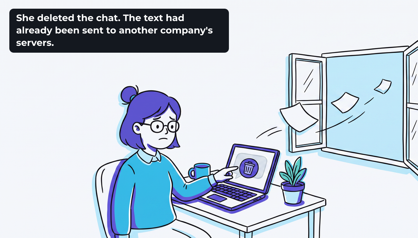 Rūta presses a trash button on the screen while several sheets drift away through the open office window. The caption reads "She deleted the chat. The text had already been sent to another company's servers."