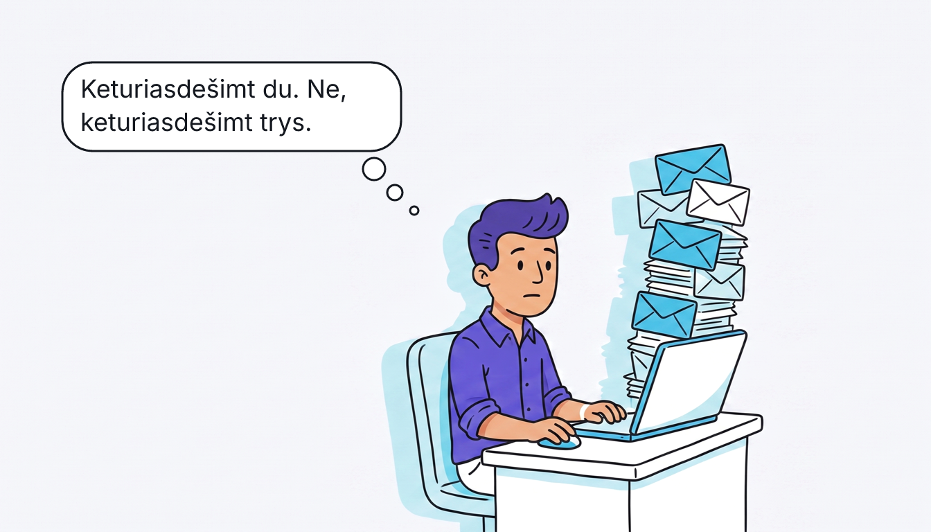 Tomas sėdi prie stalo, o iš nešiojamo kompiuterio ekrano kyla aukšta vokų krūva. Minčių debesėlis: „Keturiasdešimt du. Ne, keturiasdešimt trys.“