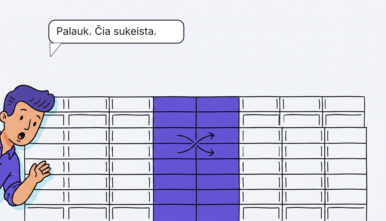 Lentelės stambus planas: du violetiniai stulpeliai, tarp jų susikertančios rodyklės, o iš kairio krašto įsiterpia nustebęs Tomo veidas. Debesėlis: „Palauk. Čia sukeista.“