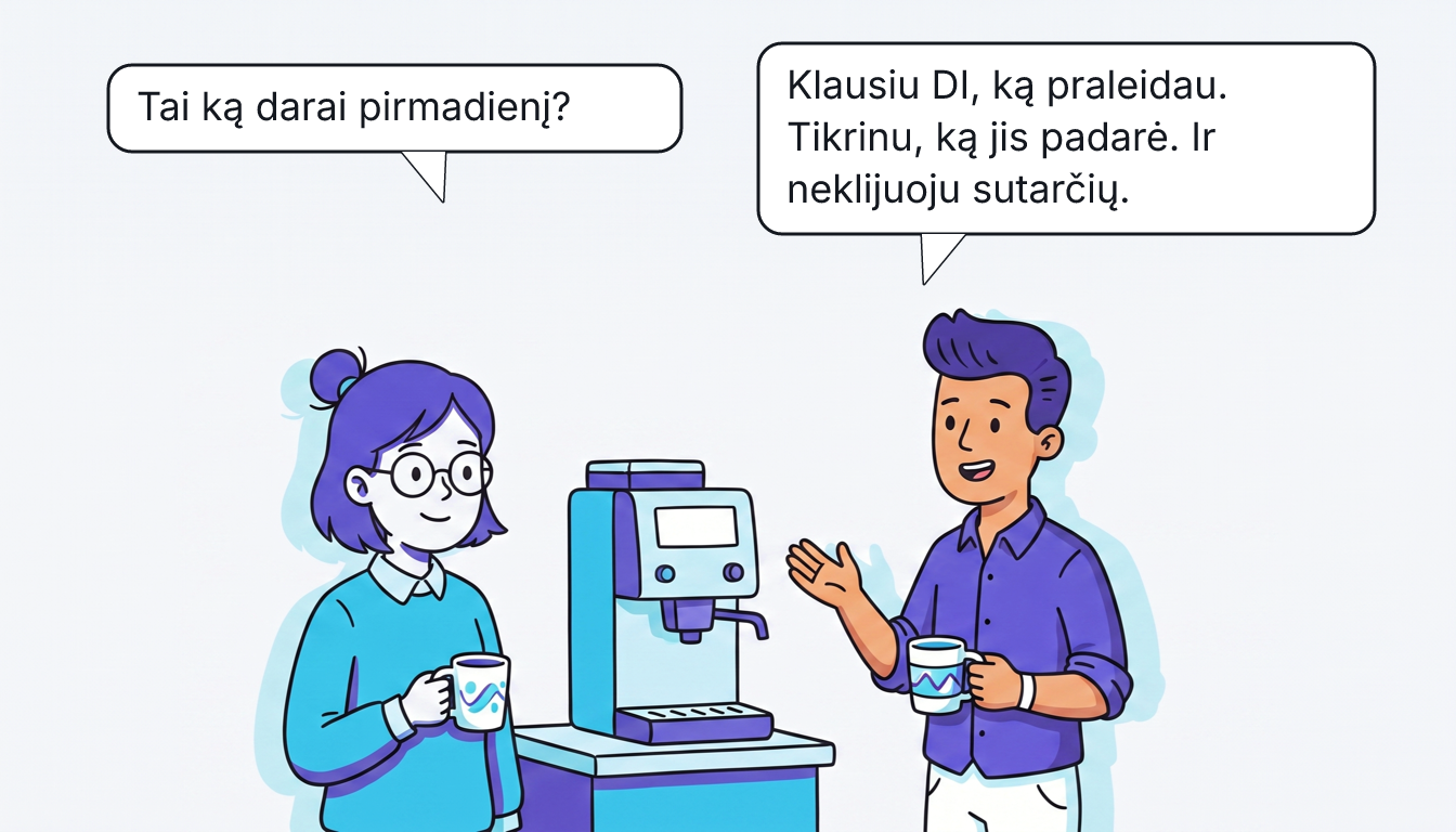 Rūta ir Tomas su puodeliais stovi prie kavos aparato. Rūta: „Tai ką darai pirmadienį?“ Tomas: „Klausiu DI, ką praleidau. Tikrinu, ką jis padarė. Ir neklijuoju sutarčių.“
