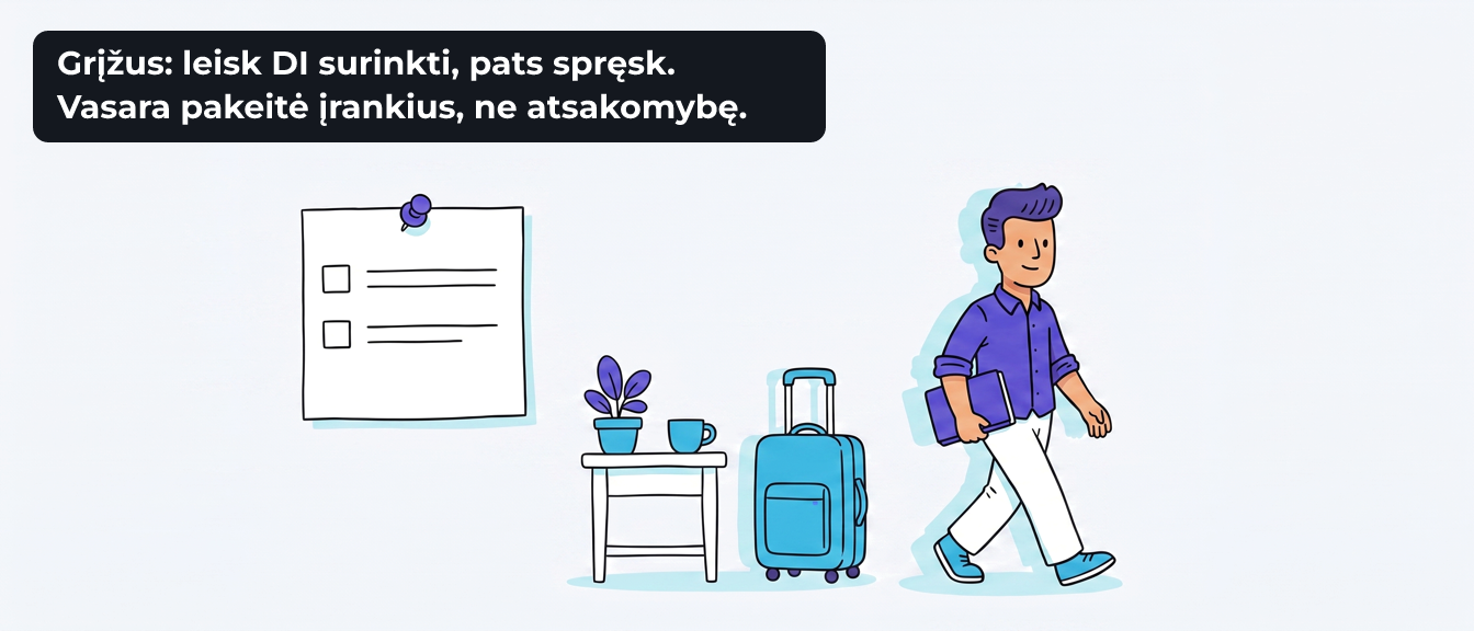 Prie sienos prisegtas lapas su dviem tuščiais langeliais, šalia staliukas su augalu ir puodeliu bei pastatytas lagaminas, o dešinėje nueina Tomas su užrašine po pažastimi. Užrašas „Grįžus: leisk DI surinkti, pats spręsk. Vasara pakeitė įrankius, ne atsakomybę.“