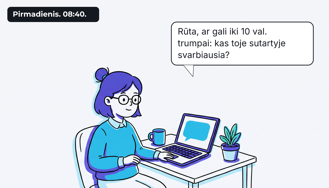 Rūta pirmadienio rytą sėdi prie stalo, nešiojamo kompiuterio ekrane šviečia žinutė. Užrašas „Pirmadienis. 08:40.“ Debesėlis nuo ekrano: „Rūta, ar gali iki 10 val. trumpai: kas toje sutartyje svarbiausia?“