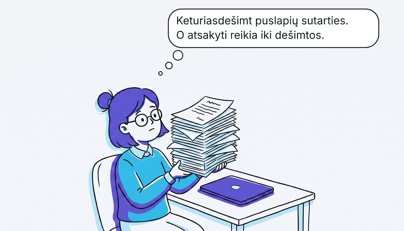 Rūta abiem rankomis laiko storą sutarties pluoštą ir pakelia antakius. Minčių debesėlis: „Keturiasdešimt puslapių sutarties. O atsakyti reikia iki dešimtos.“