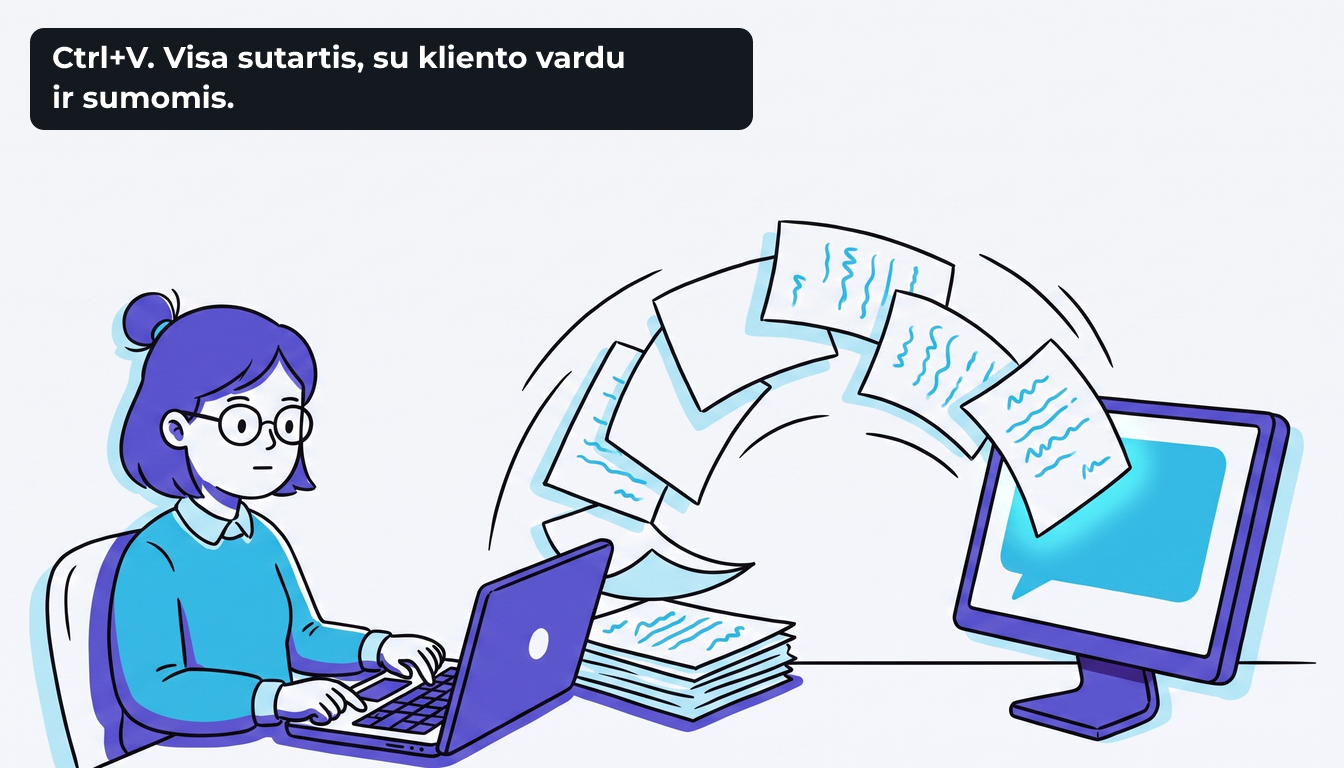 Rūta spaudžia klavišą, ir sutarties lapai lanku nuskrenda nuo stalo tiesiai į švytintį pokalbių langą monitoriuje. Užrašas „Ctrl+V. Visa sutartis, su kliento vardu ir sumomis.“