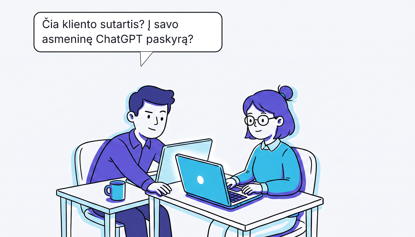 Kolega prie gretimo stalo pasilenkia į Rūtos ekraną ir klausia: „Čia kliento sutartis? Į savo asmeninę ChatGPT paskyrą?“