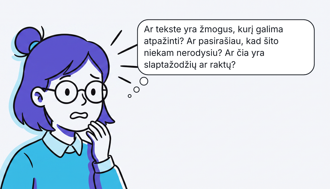 Rūtos veidas iš arti: išplėstos akys už apvalių akinių, ranka prie smakro. Minčių debesėlis: „Ar tekste yra žmogus, kurį galima atpažinti? Ar pasirašiau, kad šito niekam nerodysiu? Ar čia yra slaptažodžių ar raktų?“