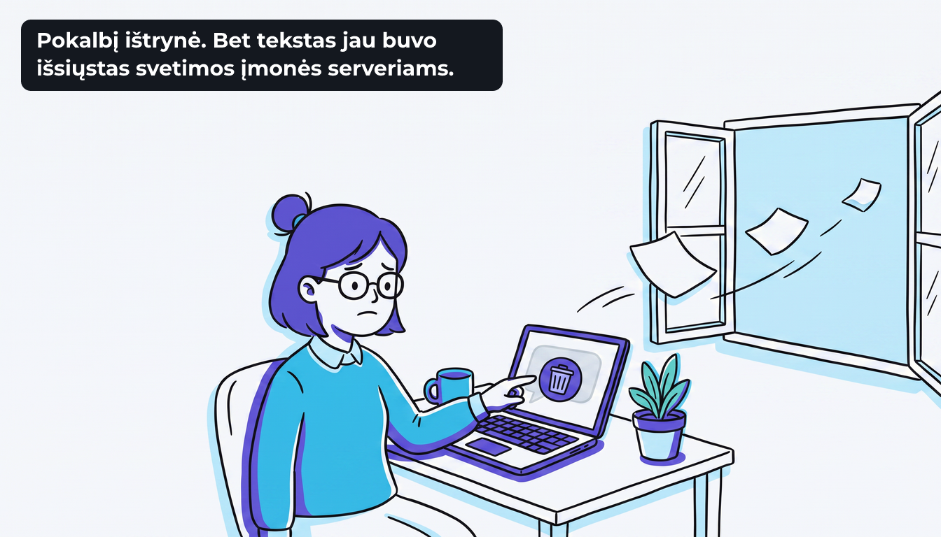 Rūta paspaudžia šiukšliadėžės mygtuką ekrane, o pro atvirą langą tolyn plevena keli lapai. Užrašas „Pokalbį ištrynė. Bet tekstas jau buvo išsiųstas svetimos įmonės serveriams.“