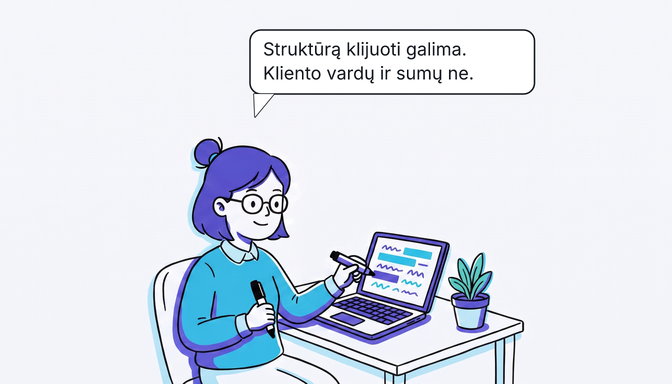 Rūta su žymekliu uždengia dokumento vietas spalvotais stačiakampiais ir sako: „Struktūrą klijuoti galima. Kliento vardų ir sumų ne.“