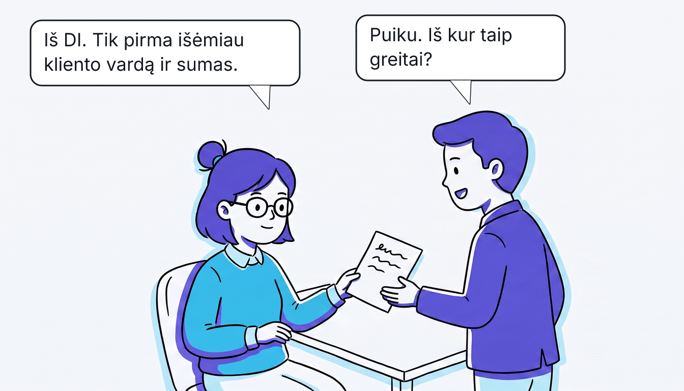 Rūta paduoda vadovui vieną lapą. Vadovas: „Puiku. Iš kur taip greitai?“ Rūta: „Iš DI. Tik pirma išėmiau kliento vardą ir sumas.“