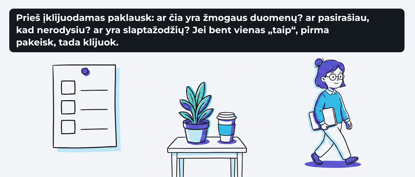Ant sienos prisegtas lapas su trimis tuščiais langeliais, po juo staliukas su augalu ir kavos puodeliu, dešinėje Rūta nueina su kompiuteriu po pažastimi. Užrašas „Prieš įklijuodamas paklausk: ar čia yra žmogaus duomenų? ar pasirašiau, kad nerodysiu? ar yra slaptažodžių? Jei bent vienas „taip“, pirma pakeisk, tada klijuok.“