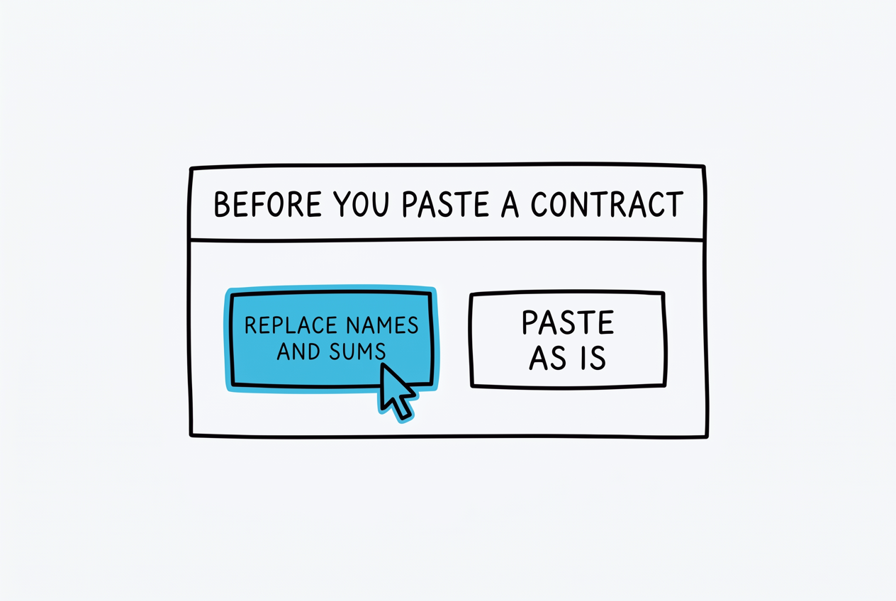 A dialog window titled BEFORE YOU PASTE A CONTRACT with two buttons: a cyan REPLACE NAMES AND SUMS with a cursor on it, and a plain PASTE AS IS.