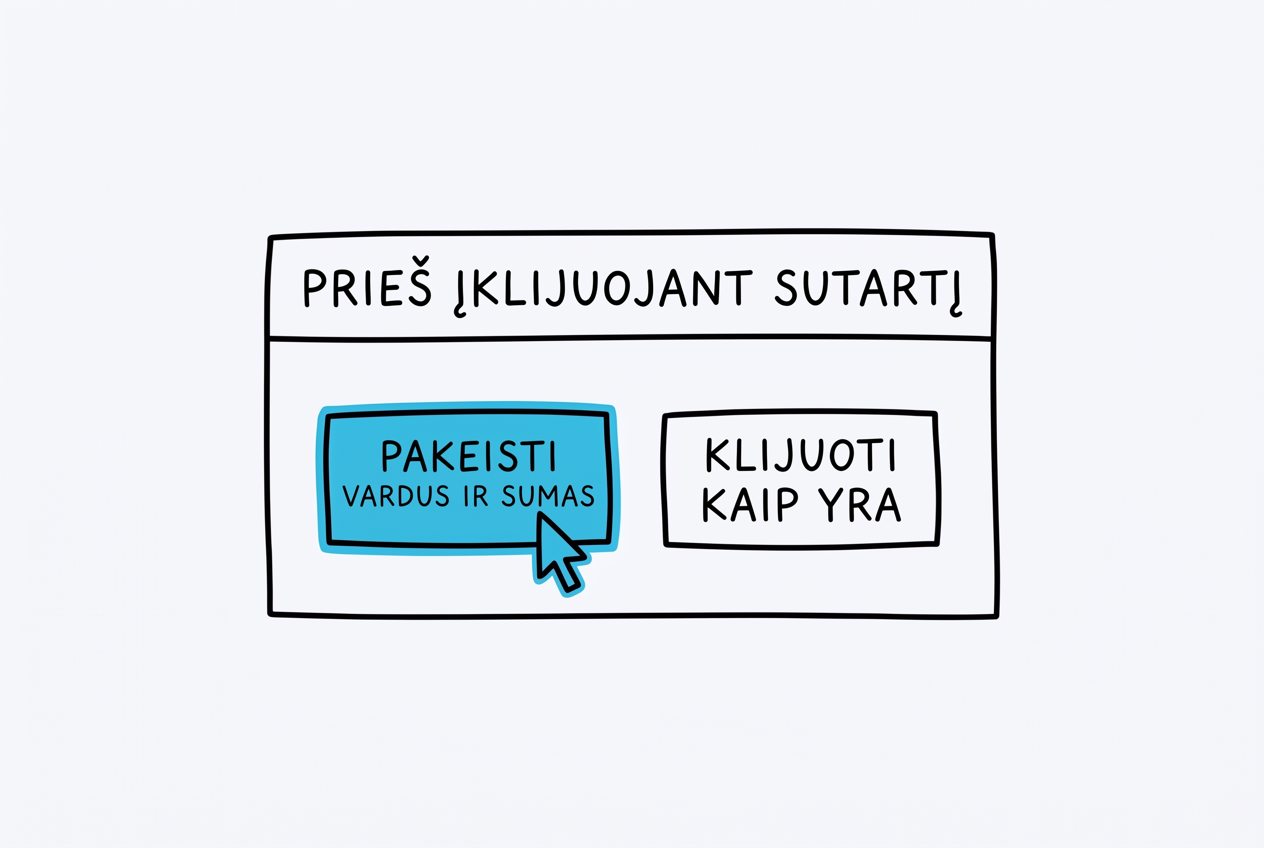 Dialogo langas su antrašte PRIEŠ ĮKLIJUOJANT SUTARTĮ ir dviem mygtukais: mėlynu PAKEISTI VARDUS IR SUMAS su žymekliu ant jo ir tuščiu KLIJUOTI KAIP YRA.