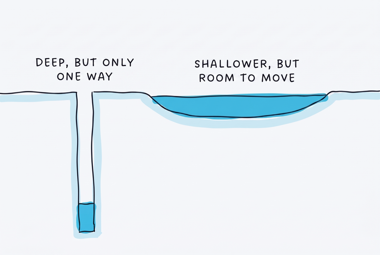 A cross-section of the ground: a narrow deep well with water at the bottom labelled DEEP, BUT ONLY ONE WAY on the left, a wide shallow lake labelled SHALLOWER, BUT ROOM TO MOVE on the right.