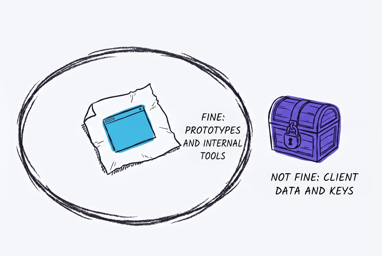 A chalk circle with a napkin inside it showing a small app window, labelled FINE: PROTOTYPES AND INTERNAL TOOLS, and a locked chest outside the circle labelled NOT FINE: CLIENT DATA AND KEYS.
