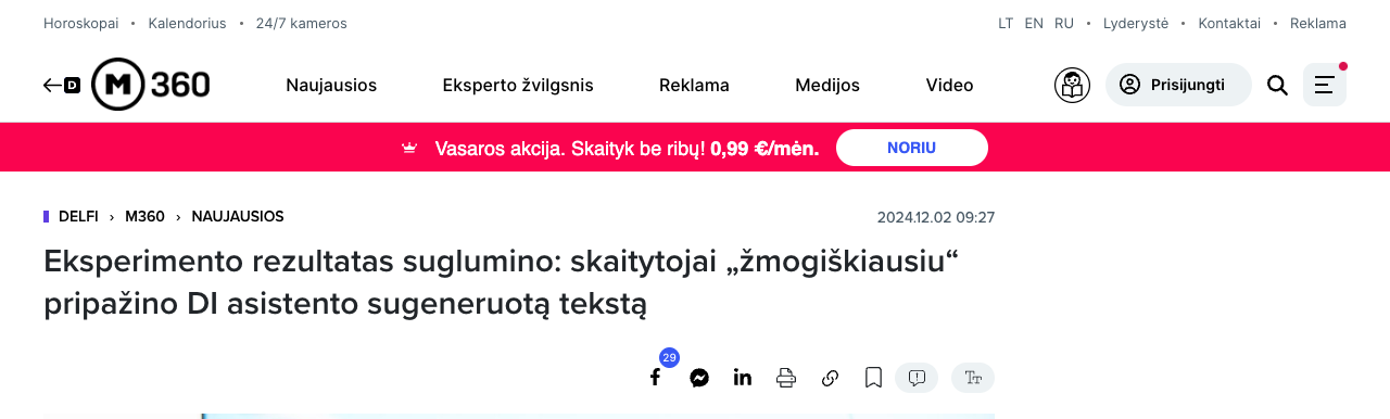 Delfi M360 straipsnio antraštė apie tą patį eksperimentą, 2024.12.02.