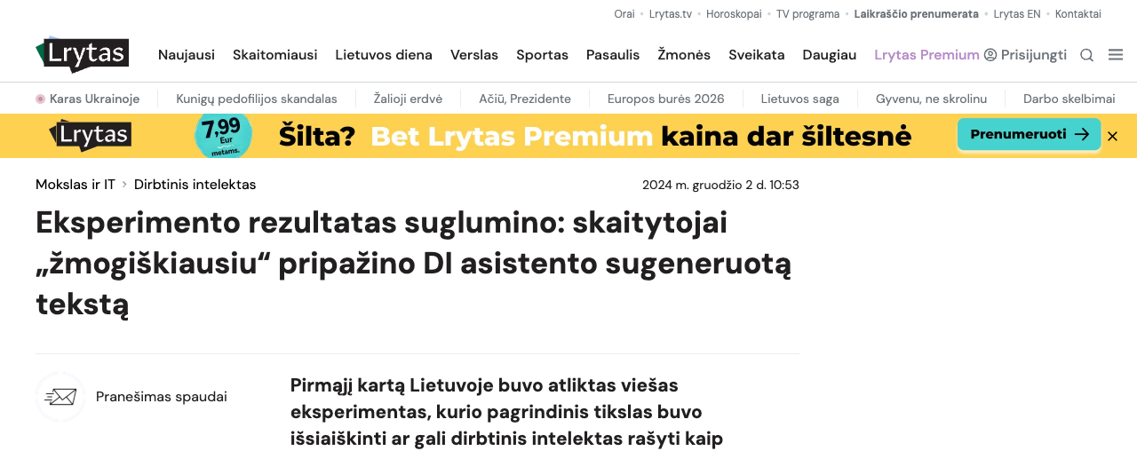 Lrytas.lt straipsnio antraštė: Eksperimento rezultatas suglumino: skaitytojai žmogiškiausiu pripažino DI asistento sugeneruotą tekstą, 2024 m. gruodžio 2 d.