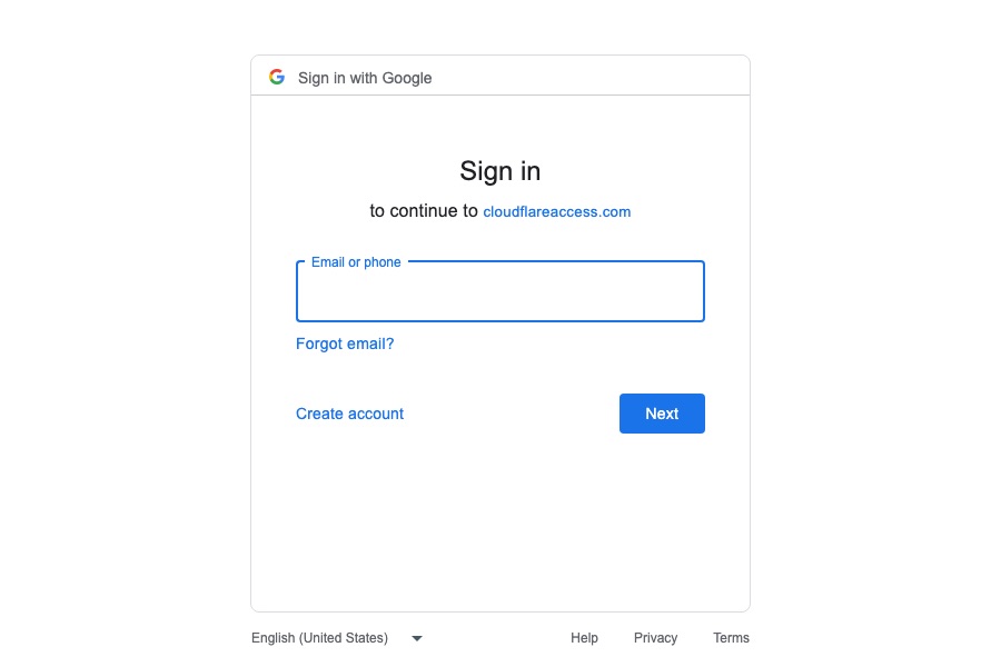 Google prisijungimo langas su užrašu: Sign in, to continue to cloudflareaccess.com.