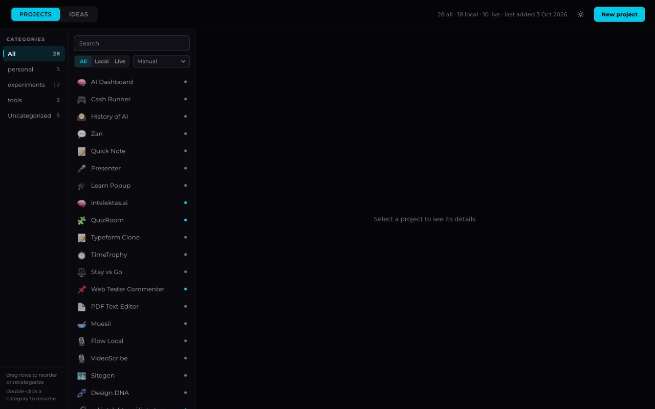 AI Dashboard langas: kairėje kategorijos, viduryje projektų sąrašas su piktogramomis, viršuje skaičiai: 28 projektai, 18 vietinių, 10 internete.