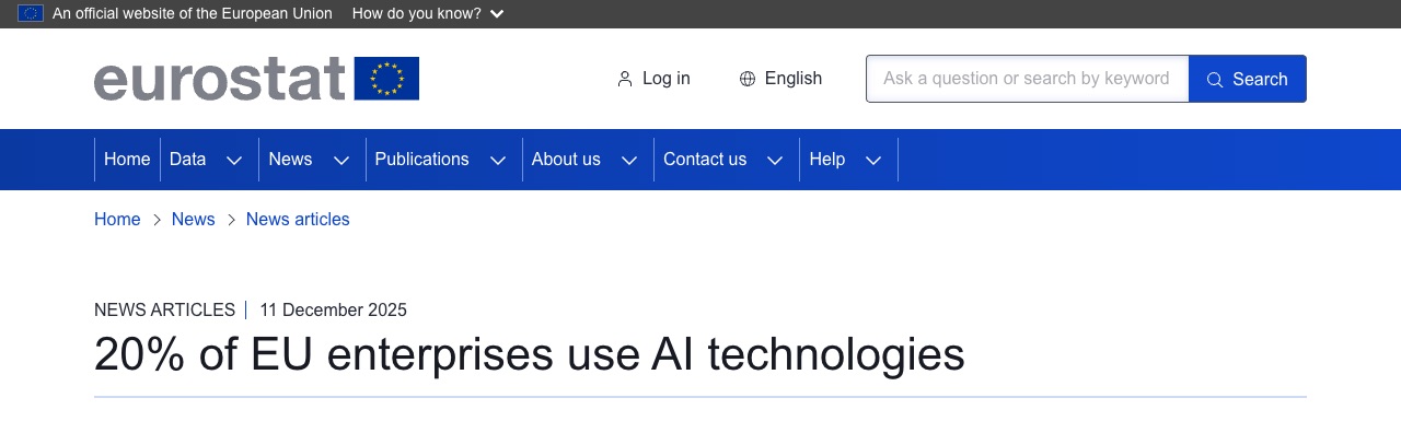 Eurostato naujienų puslapio antraštė: „20% of EU enterprises use AI technologies“, data 2025 m. gruodžio 11 d.